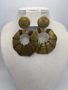 Vintage 80's Brass Metal Brutalist Style Clip On Dangle Door Knocker Earrings